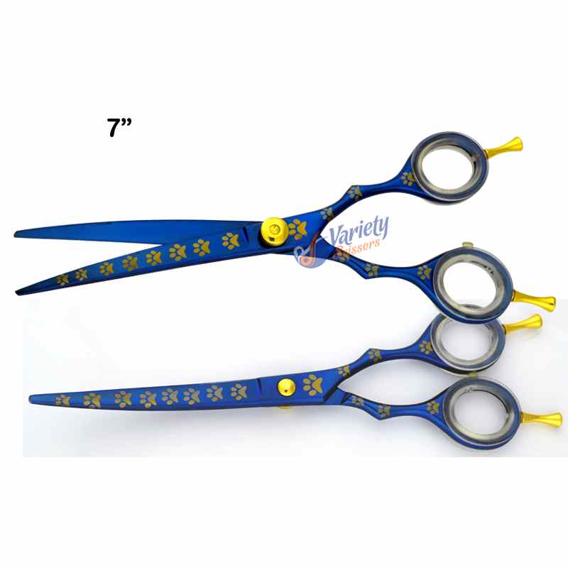 Professional Dog Grooming Curved Blade Shear - Titanium Plasma Coated with Paw Engraving